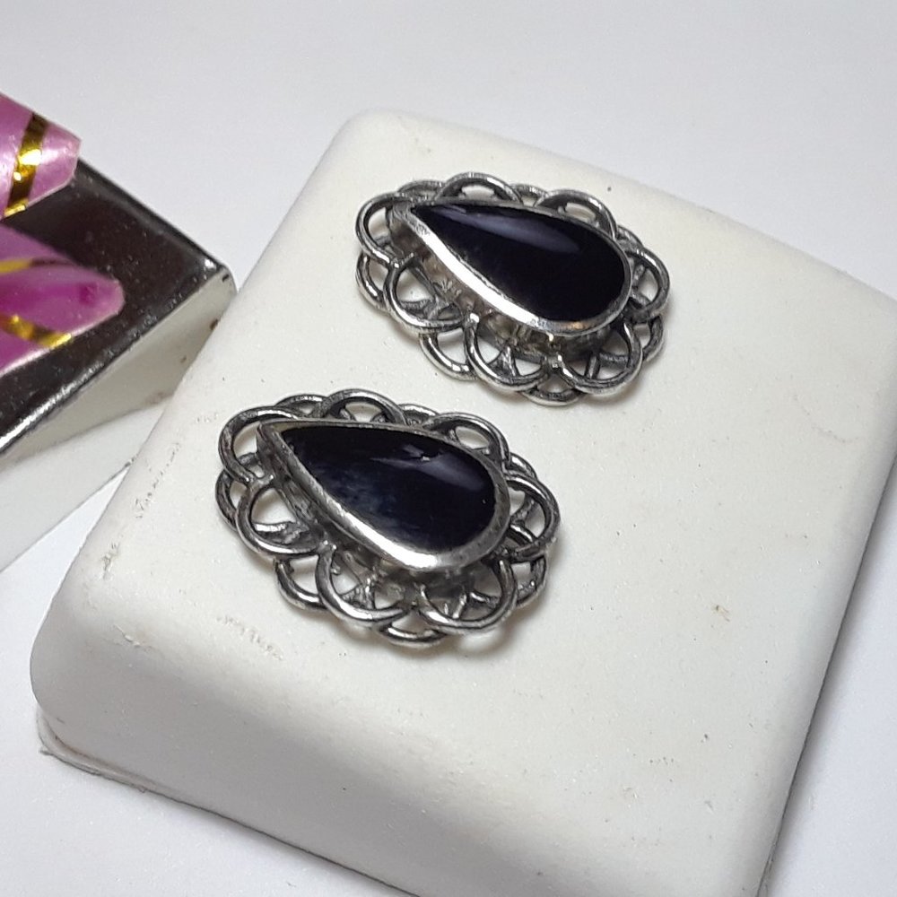 Vintage Pear Black Onyx Bezel Double Loop Border Sterling Silver Earrings #15947